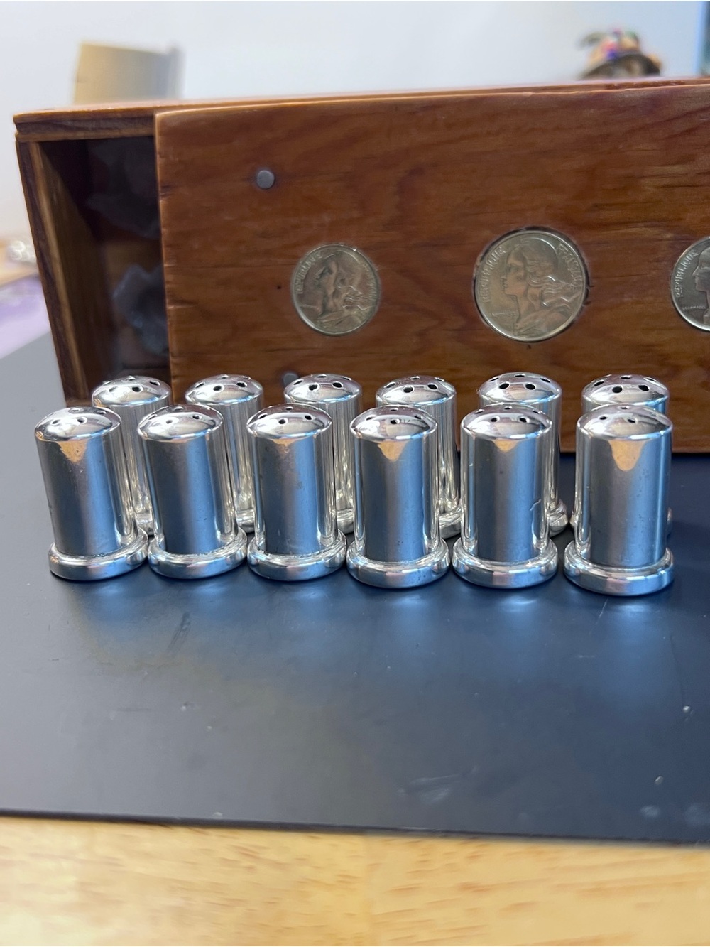Vintage 12 x Sterling Silver Salt&Pepper Shaker in custom made wooden case